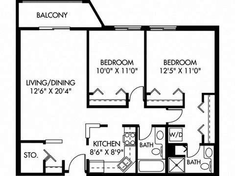 Floor plan for 2 beds, 2 baths, 972 sqft